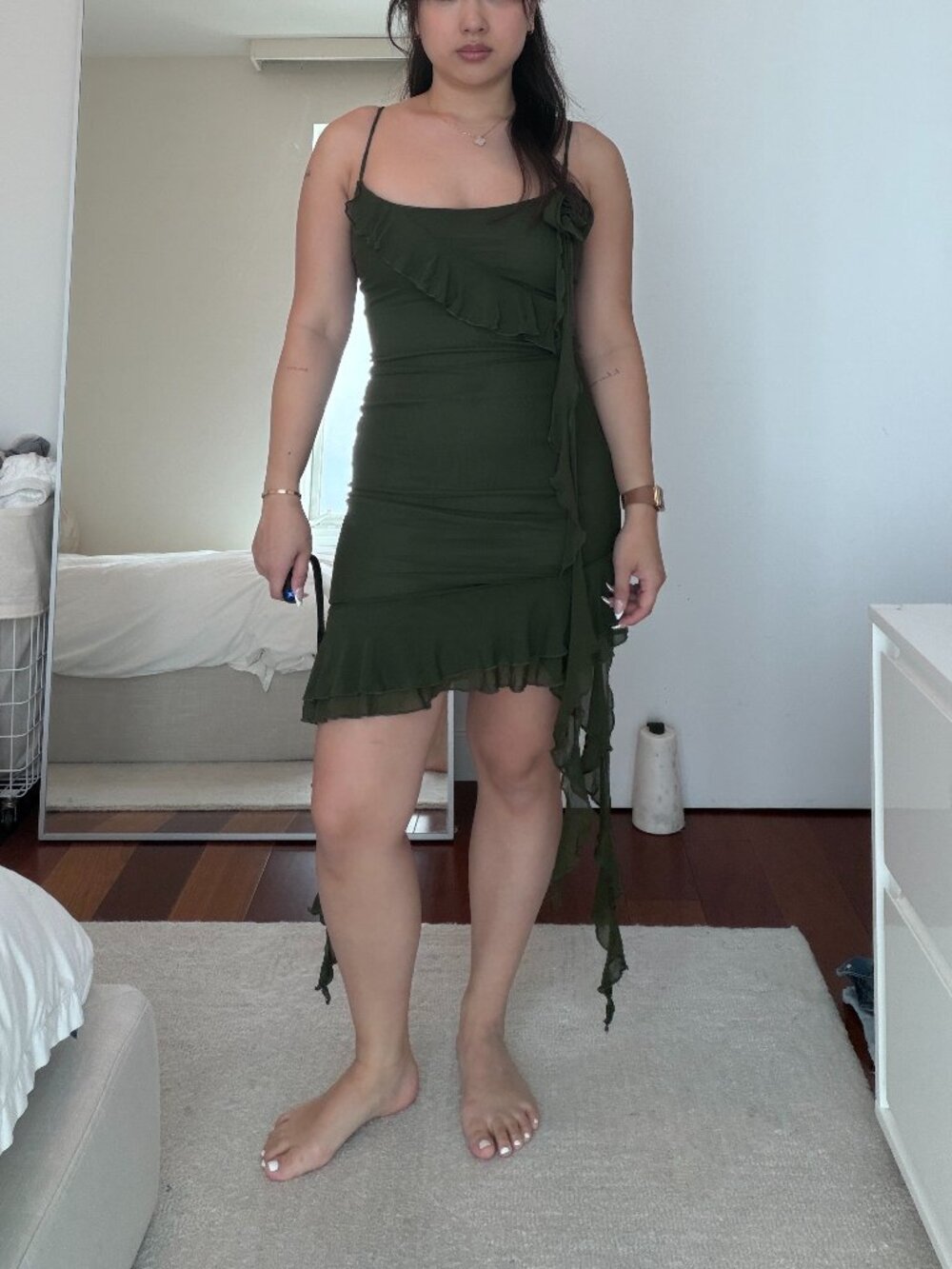 Olive Green Dress with Long Frills Size XS